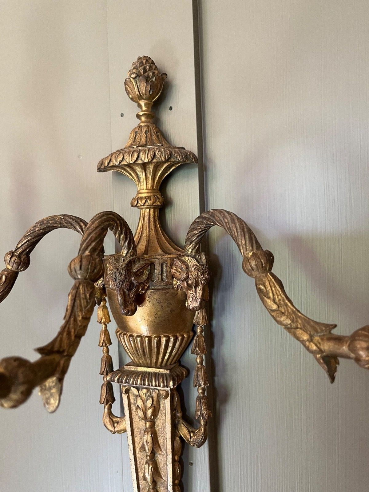 Pair Antique Wall Lights Gilt Metal  Decorated With Swags & Rams Heads French photo buy