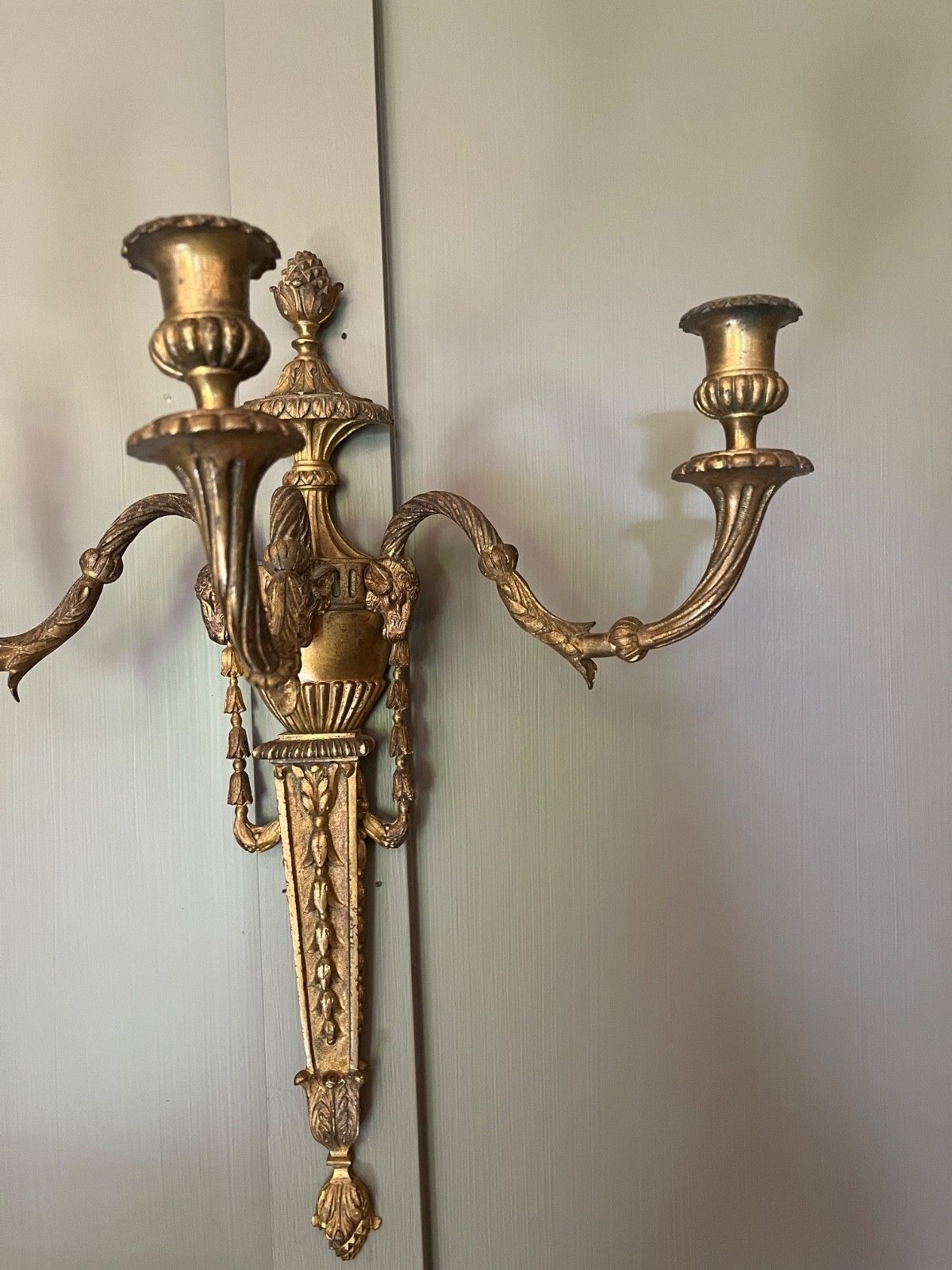 Pair Antique Wall Lights Gilt Metal  Decorated With Swags & Rams Heads French photo vintage