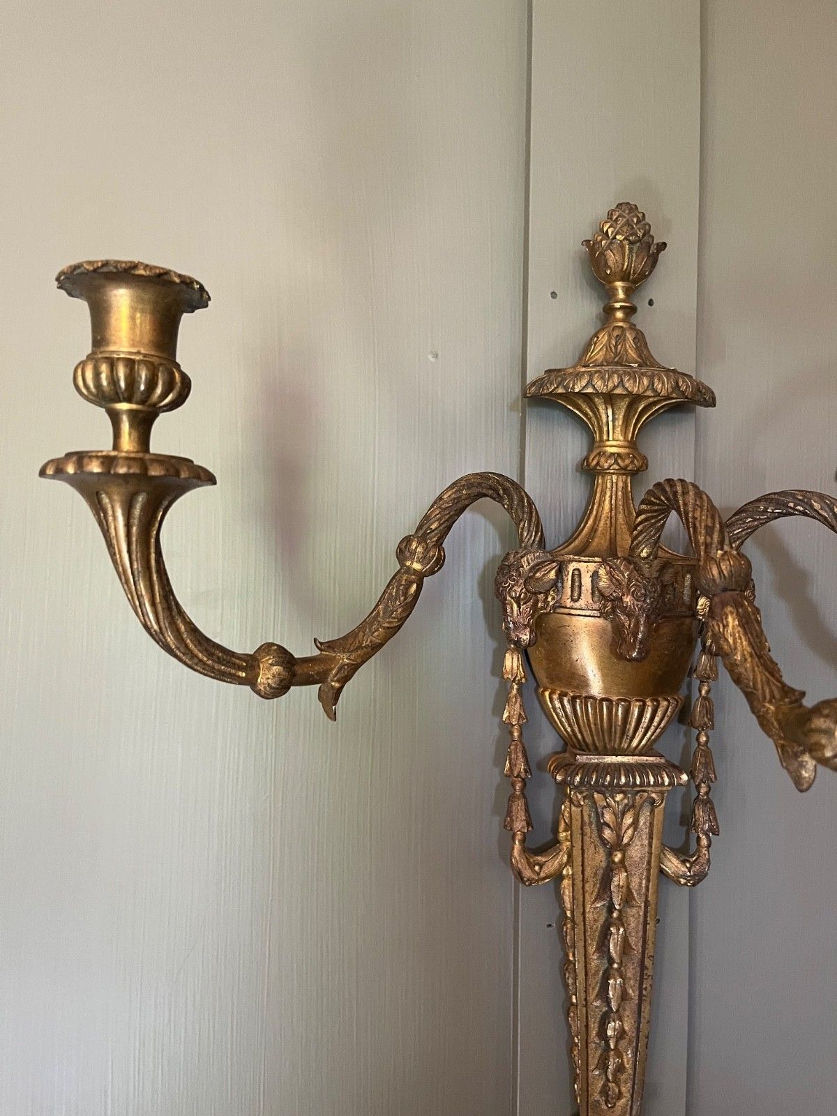 photo furniture Pair Antique Wall Lights Gilt Metal  Decorated With Swags & Rams Heads French