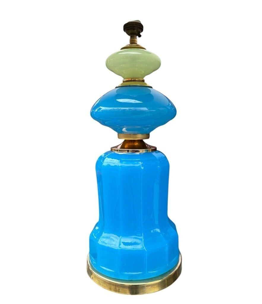 A Pair Of Blue Murano Glass Opaline Lamps By Cenedese With Brass Base And Fittings photo vinterior