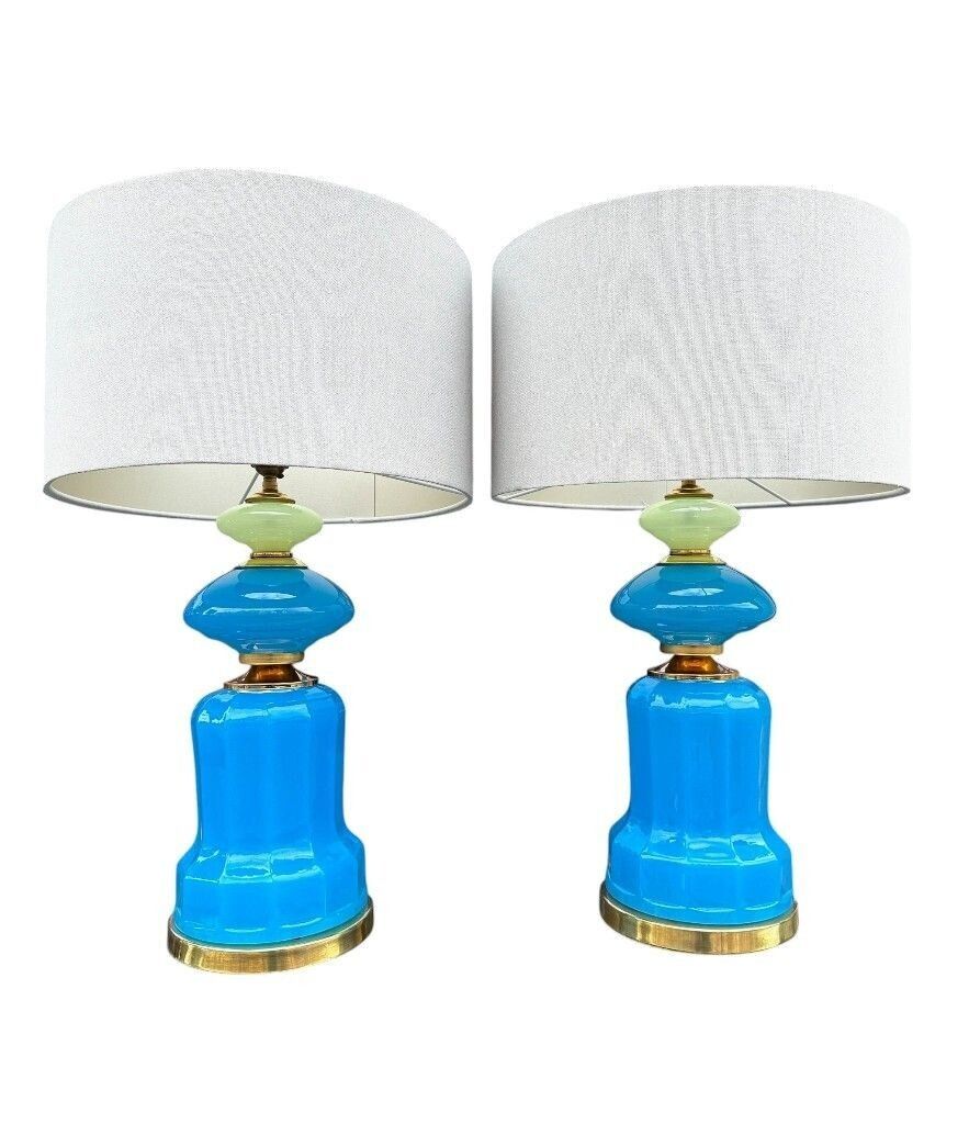 photo for sale A Pair Of Blue Murano Glass Opaline Lamps By Cenedese With Brass Base And Fittings