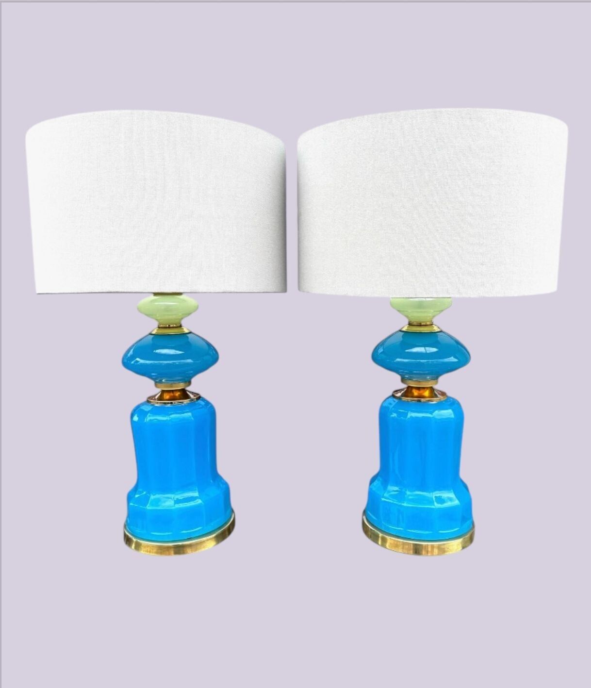 Lighting A Pair Of Blue Murano Glass Opaline Lamps By Cenedese With Brass Base And Fittings photo