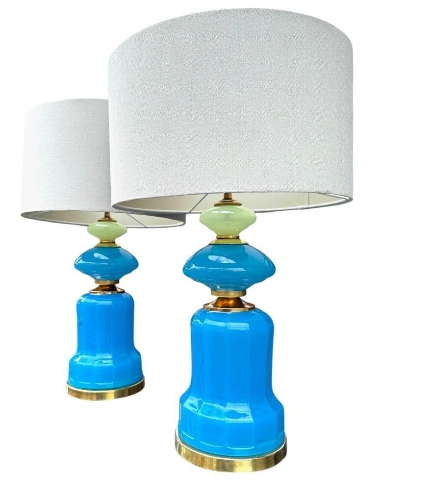 photo vinterior A Pair Of Blue Murano Glass Opaline Lamps By Cenedese With Brass Base And Fittings