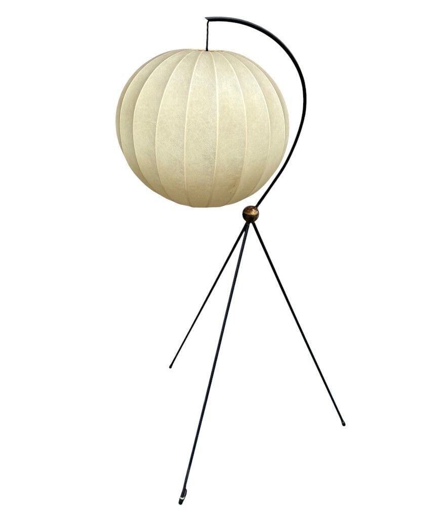 A Rare Italian 1960s Black Lacquer And Brass Tripod Floor Lamp With Cocoon Shade By Castiglioni
