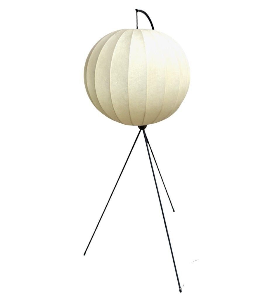 photo for sale A Rare Italian 1960s Black Lacquer And Brass Tripod Floor Lamp With Cocoon Shade By Castiglioni