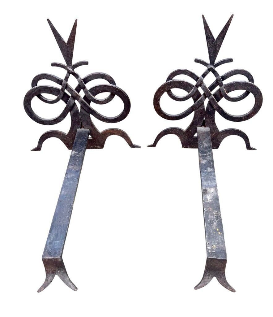 Home Fixtures A Pair Of French Hand Forged Wrought Iron Fire Dogs In The Style Of Gilbert Poillerat photo