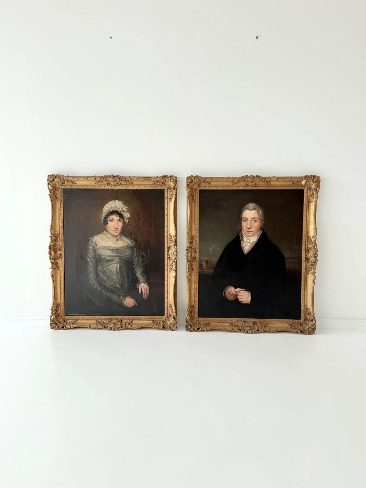 Pair Of Framed Oil On Canvas Portrait Paintings Of Man And Woman, 19th Century, English Provincial School