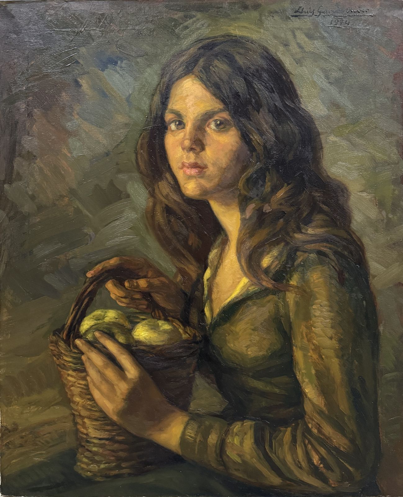 Luis Garcia Oliver – Mediterraan Vrouwenportret Met Fruitmand, Spaans Figuratief Olieverfschilderij 1974
