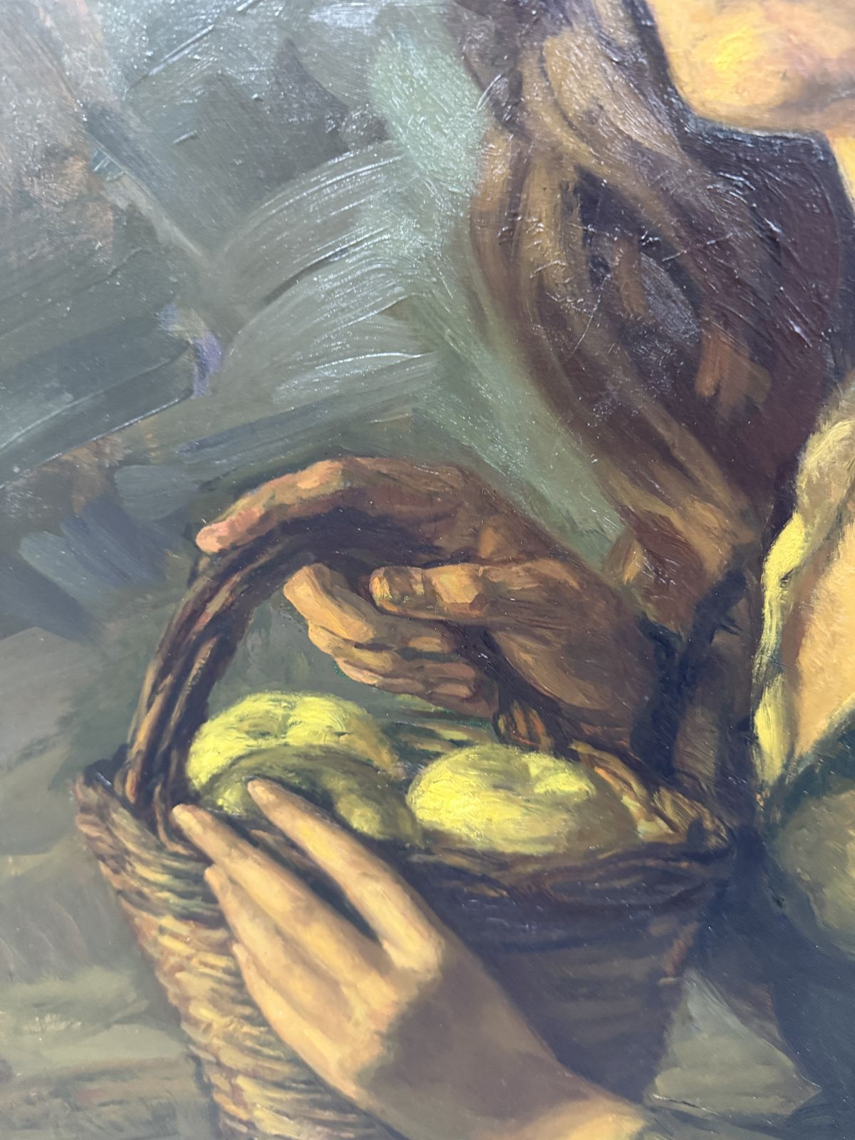 Luis Garcia Oliver, Portrait de femme méditerranéenne au panier de fruits, huile sur toile figurative espagnole, 1974 photo buy