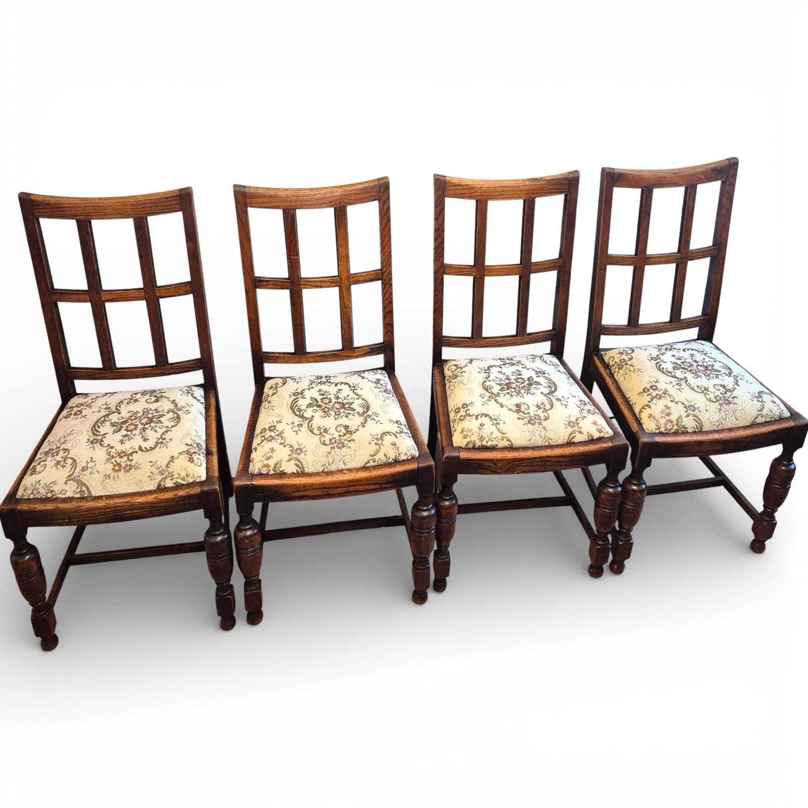 Set Of 4 Arts & Crafts Oak Dining Chairs | Antique Oak Chairs | Upholstered Seats | Early 20th Century photo 495.0