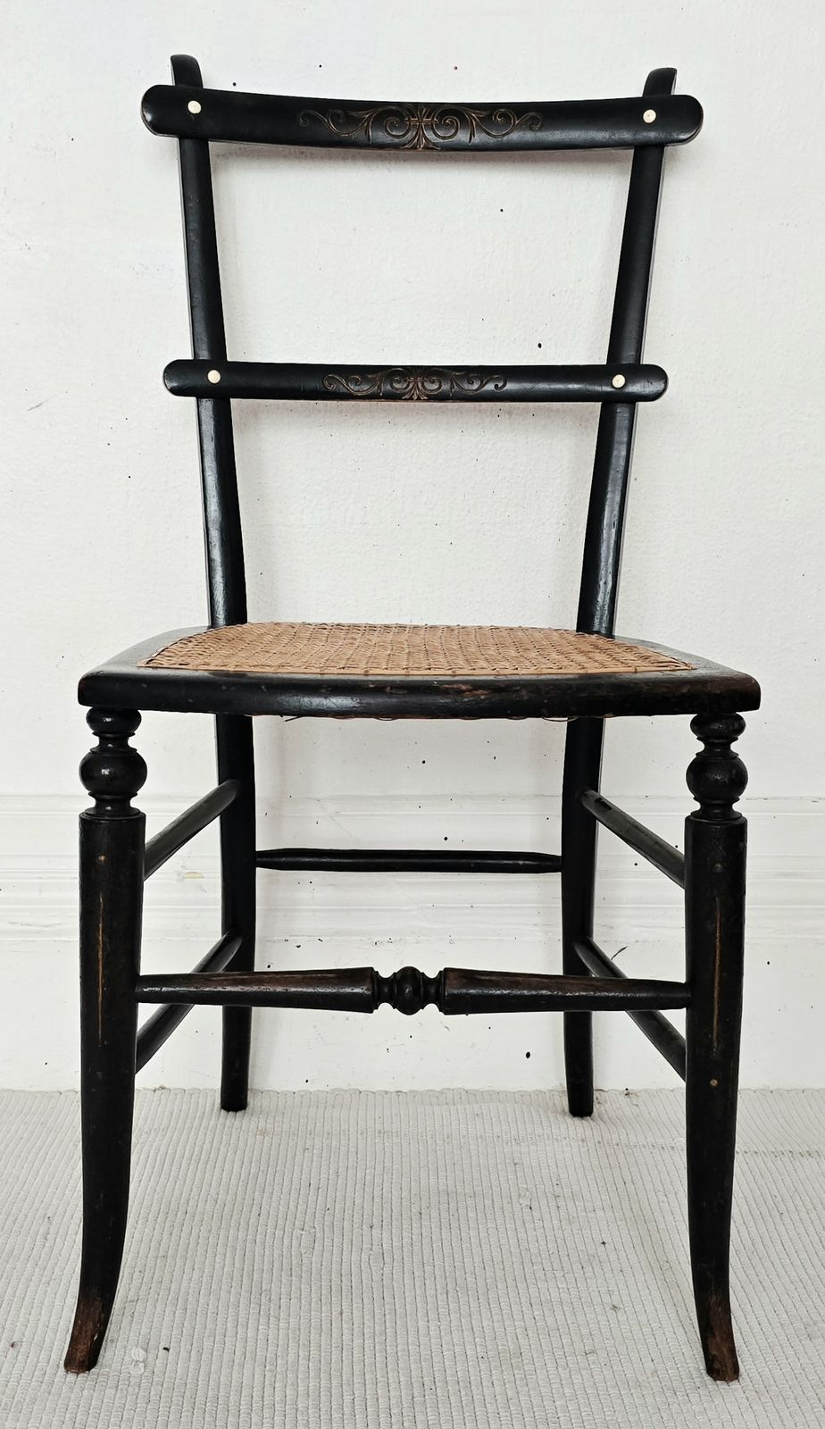 A Victorian Ebonised Salon Chair With Rattan Seat  & Bone Inlay. photo furniture