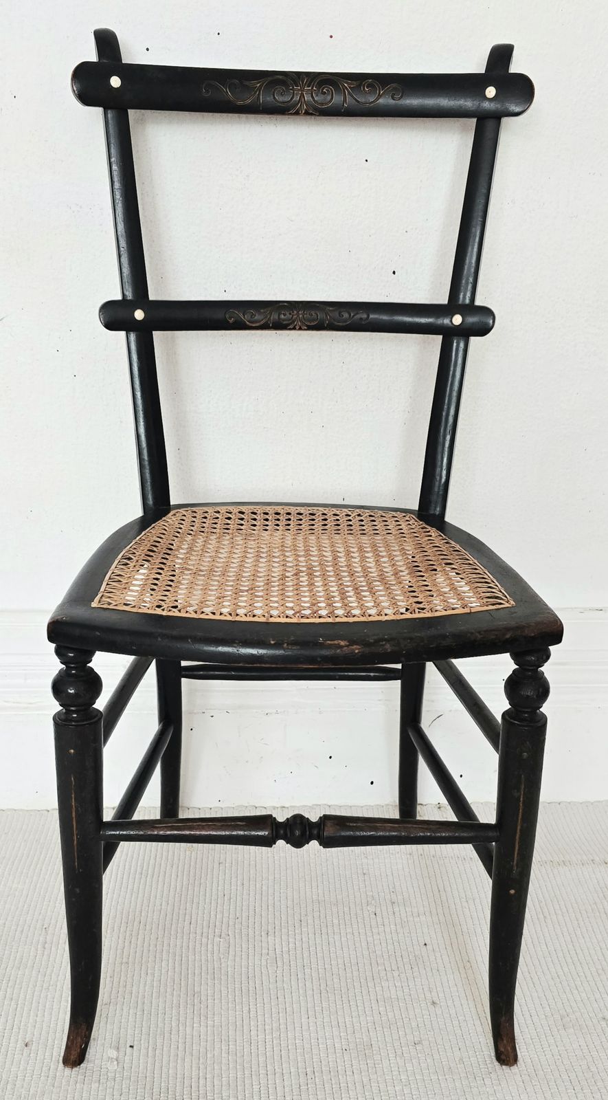 A Victorian Ebonised Salon Chair With Rattan Seat  & Bone Inlay. photo 395.0
