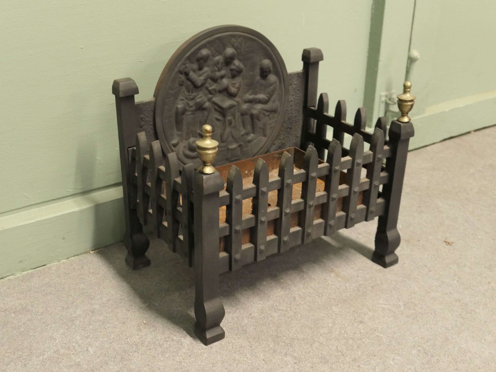 Gothic Style Free Standing Fire Basket With Decorative Back photo for sale