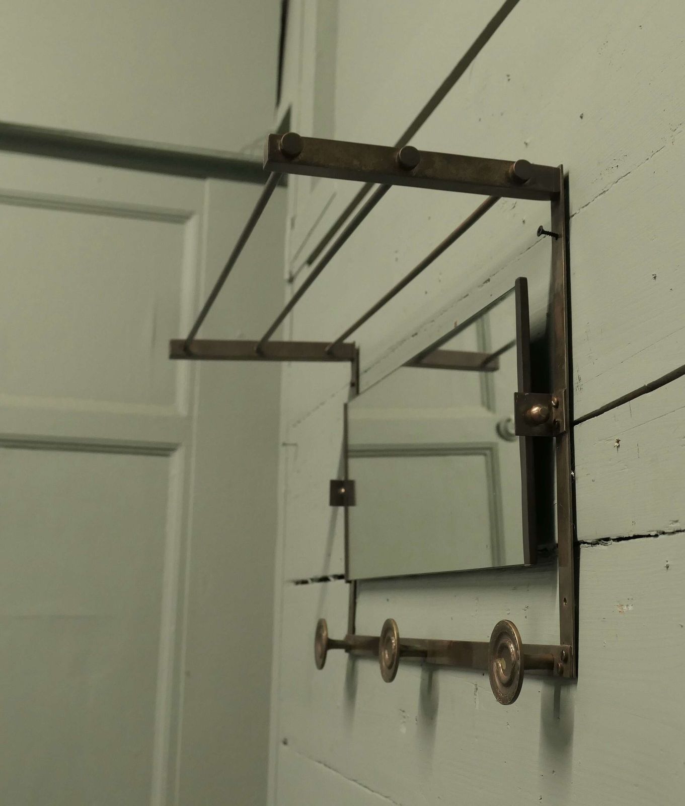 Arts And Crafts French Brass Hall Mirror With Shelf And 3 Coat Hooks photo Furniture