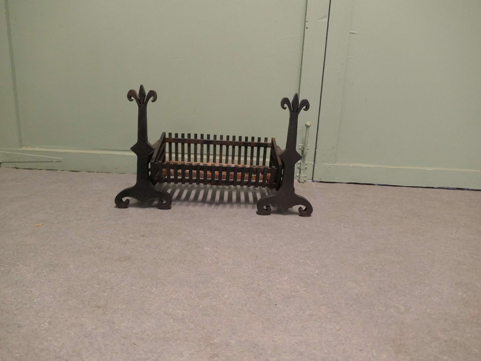 Large 19th Century Andirons With Grate These Are Heavy Hand Forged Iron Andirons photo for sale