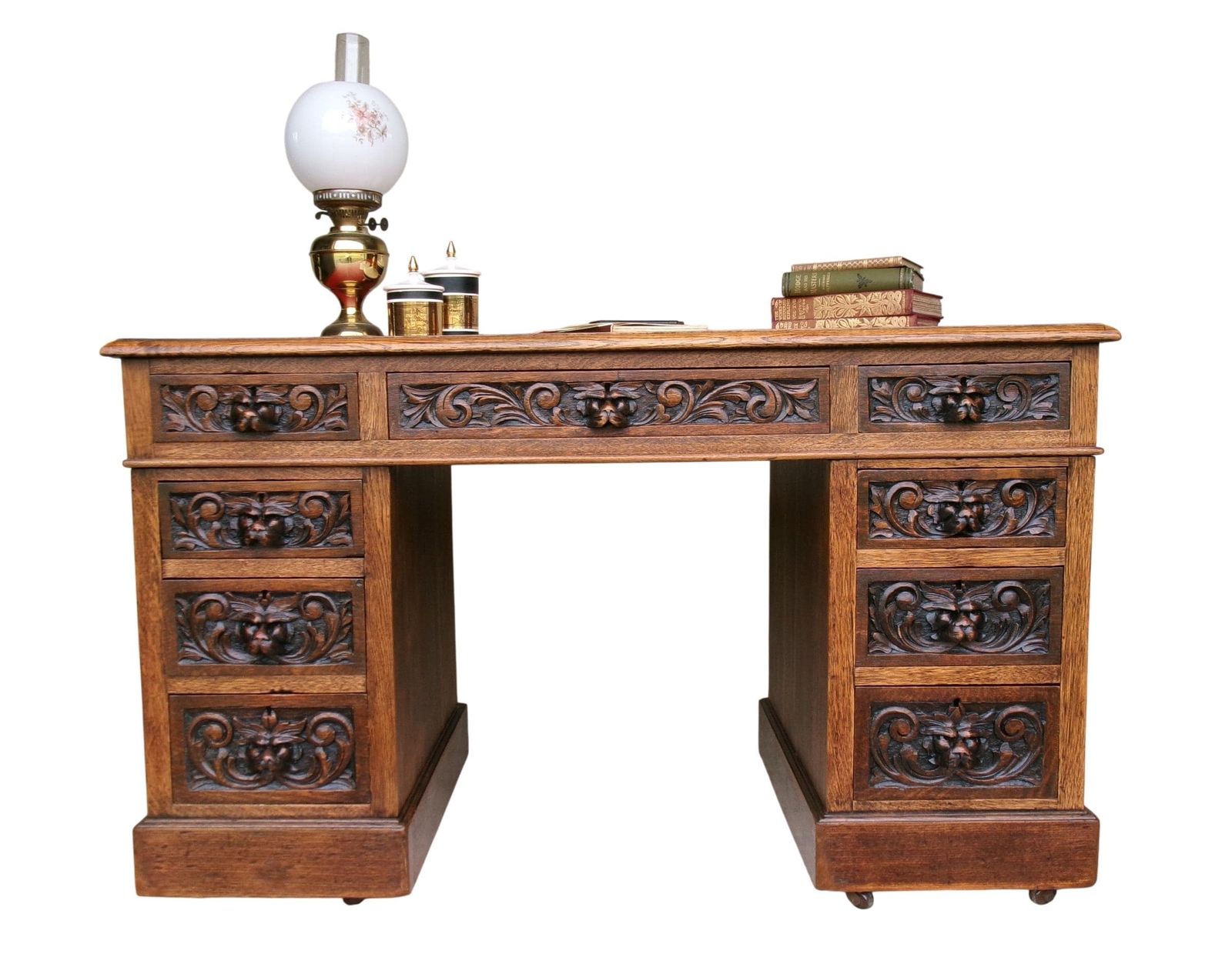 Victorian Lion Mask Oak Desk, Red Leather Top, Antique Carved Flemish Study Library Office Furniture