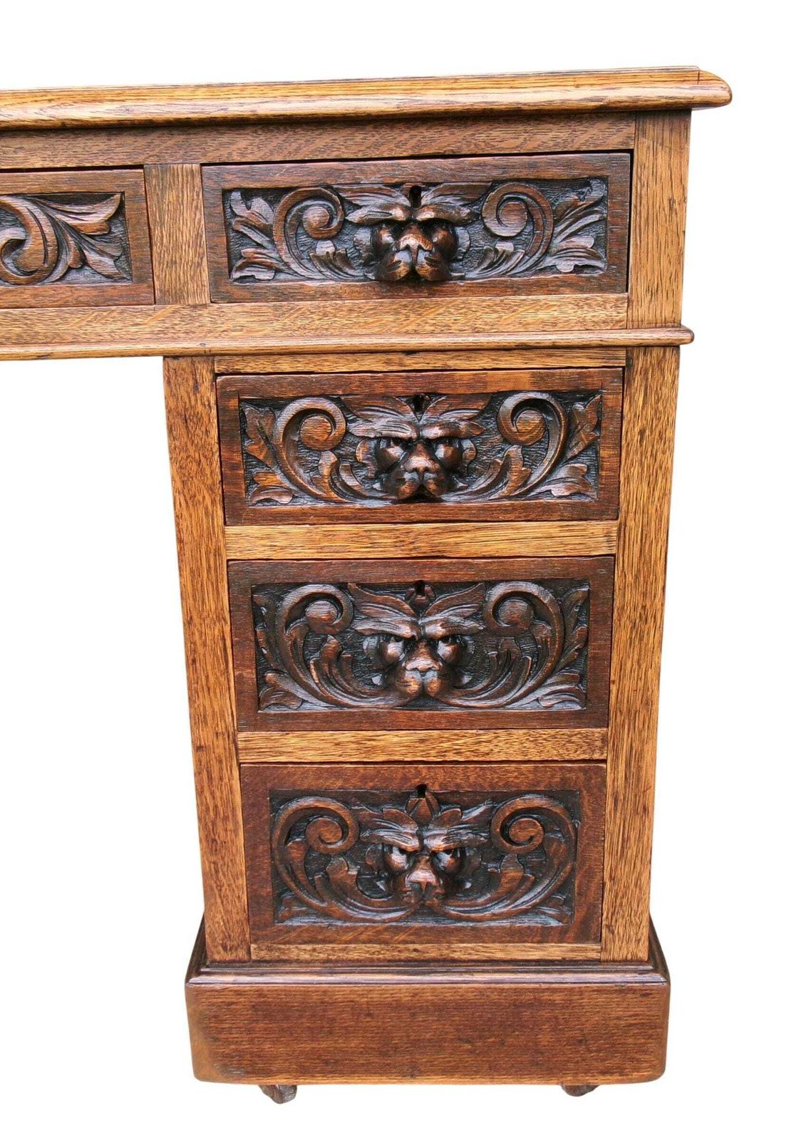 Victorian Lion Mask Oak Desk, Red Leather Top, Antique Carved Flemish Study Library Office Furniture photo vinterior