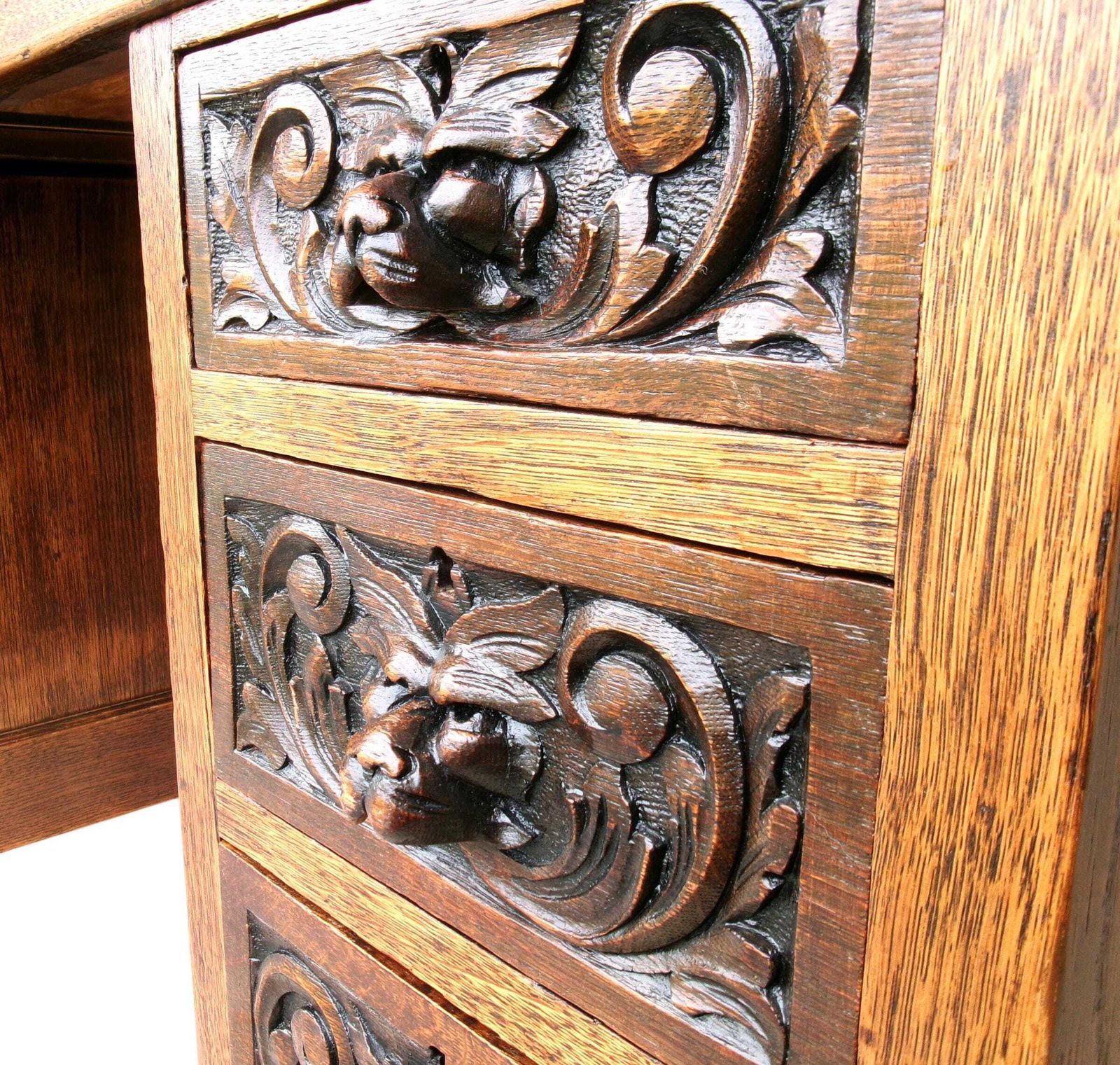photo furniture Victorian Lion Mask Oak Desk, Red Leather Top, Antique Carved Flemish Study Library Office Furniture