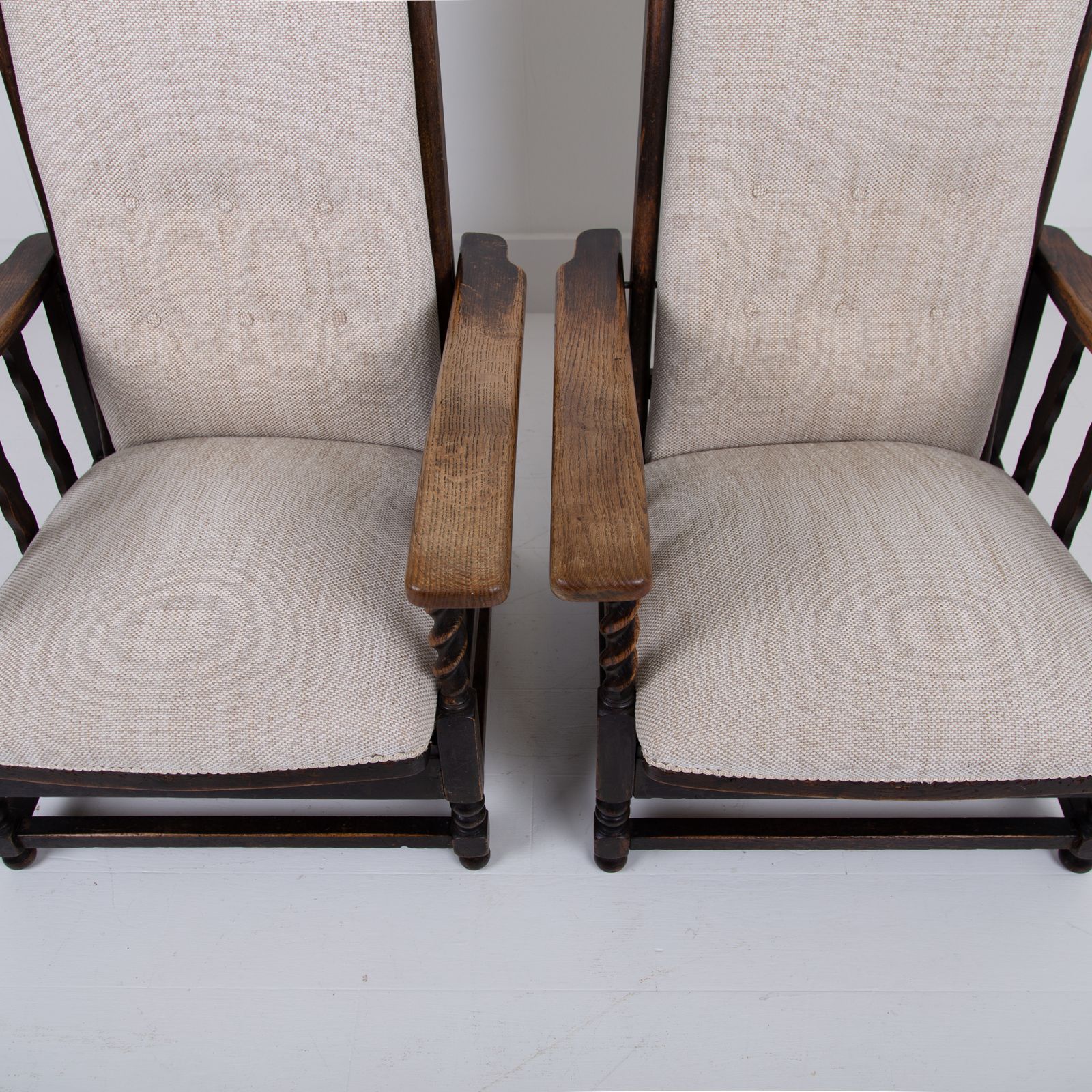 Pair Of Reclining Oak Armchairs New Upholstery C1915 photo vinterior