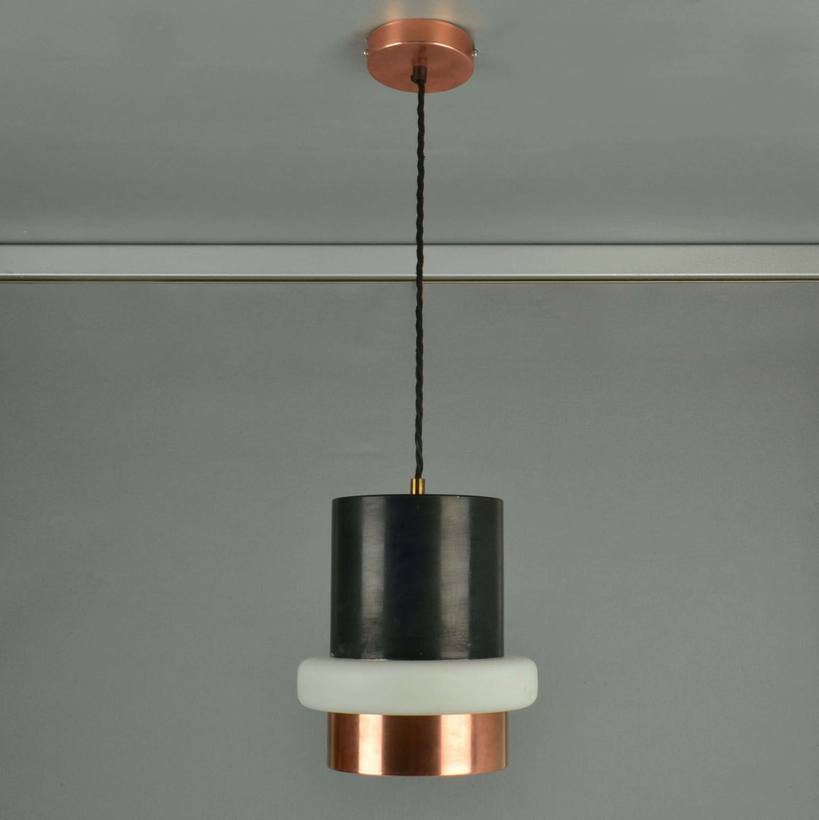 Set Of Modernist Black Metal, Copper And Glass Pendants By Philips 1960' S