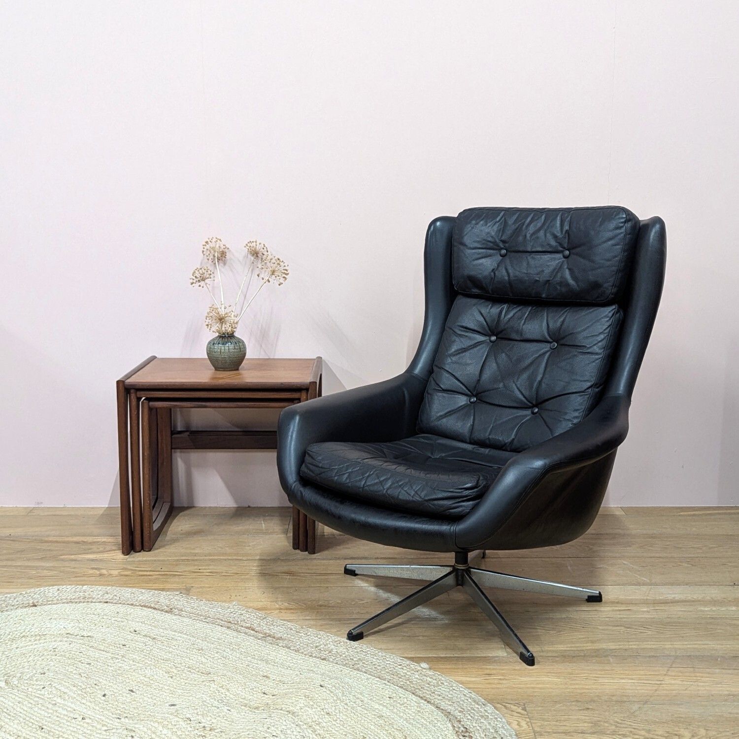 Midcentury Danish Black Leather Swivel Lounge Chair