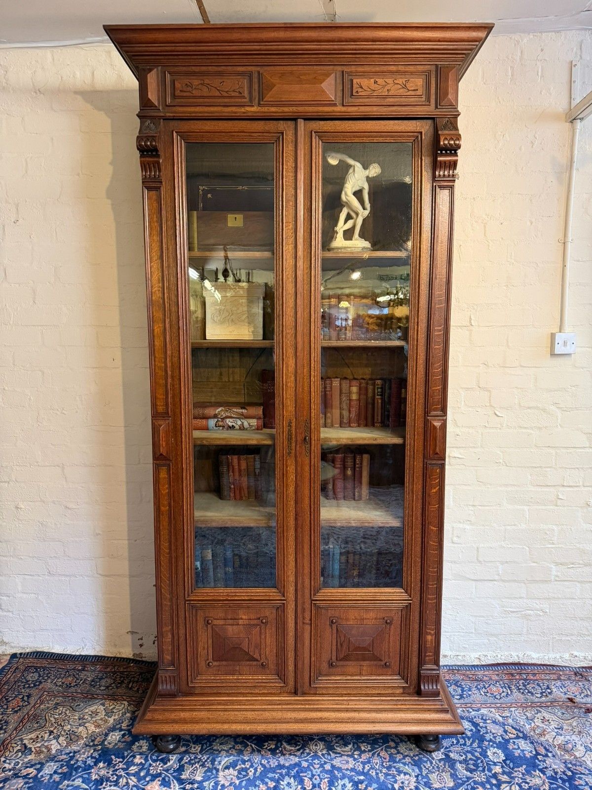 Tall French Antique Carved Oak Glazed Bookcase/Cabinet Circa 1890
