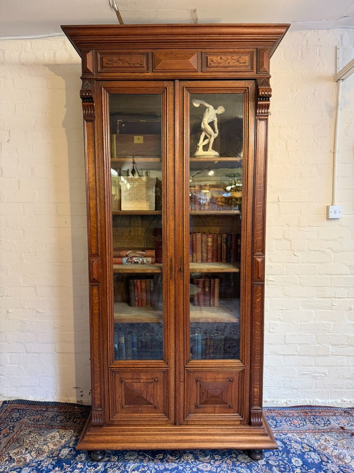 Tall French Antique Carved Oak Glazed Bookcase/Cabinet Circa 1890 photo for sale