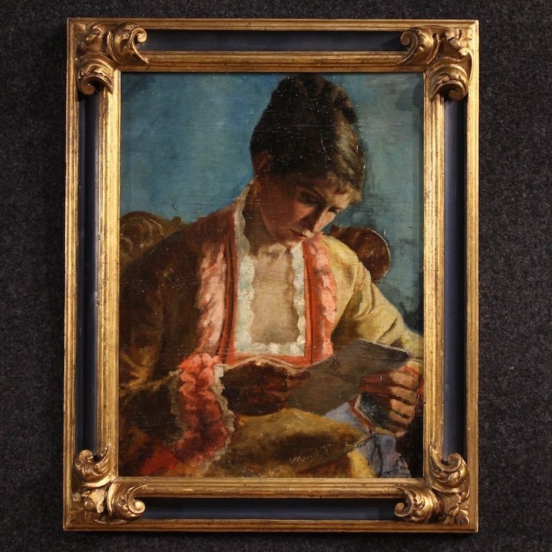 Frans schilderij, portret van een vrouw met een brief, gedateerd 1979