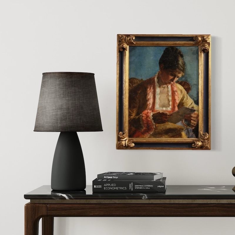 Peinture française, portrait d'une femme à la lettre, datée 1979 photo vintage