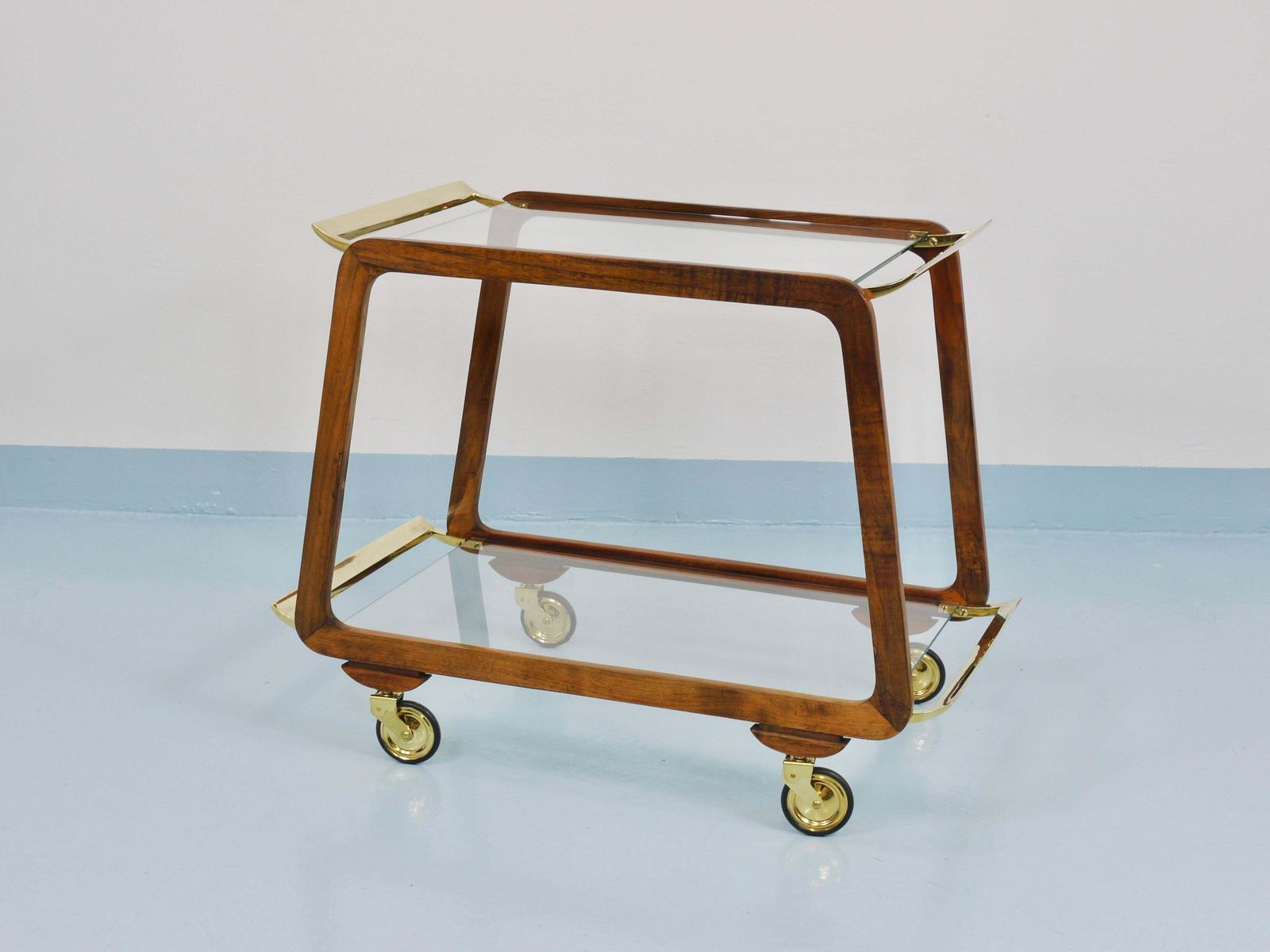 Mid Century Walnut Brass Bar Cart Serving Trolley, 1950s, Oswald Haerdtl Attr. photo buy