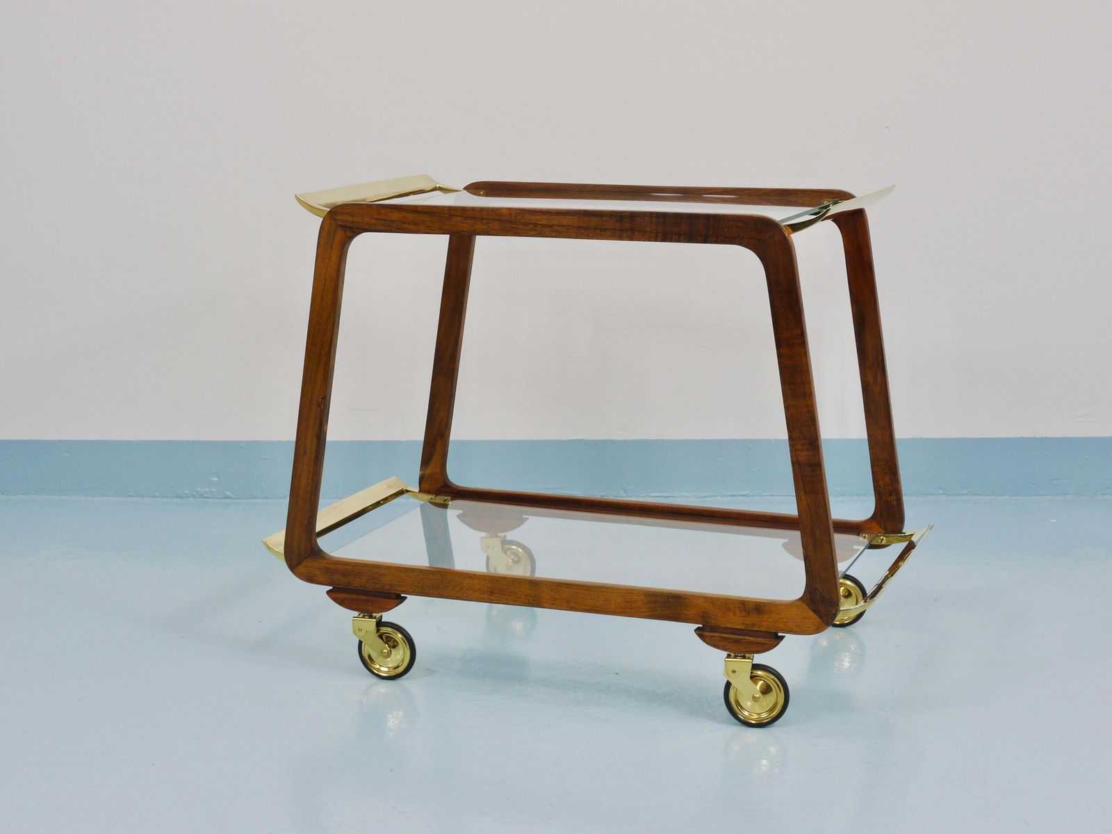 photo for sale Mid Century Walnut Brass Bar Cart Serving Trolley, 1950s, Oswald Haerdtl Attr.
