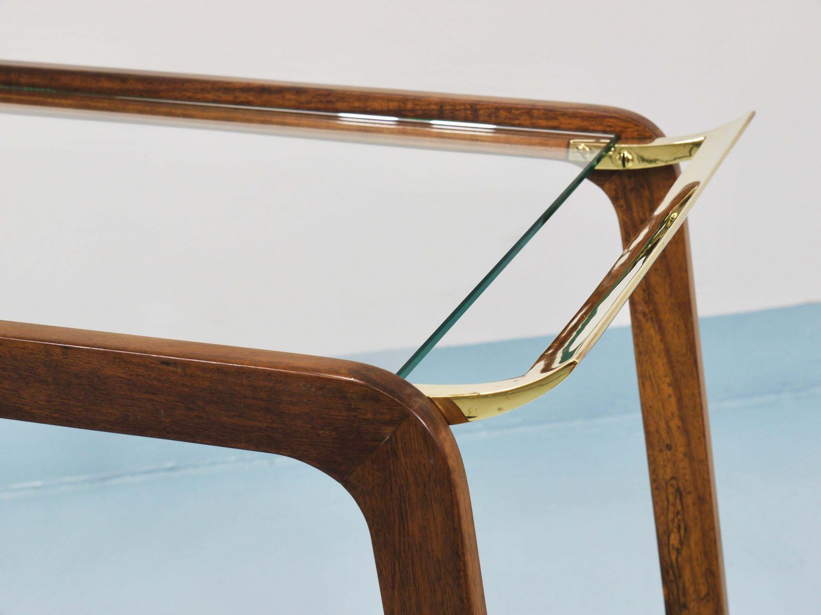 Furniture Mid Century Walnut Brass Bar Cart Serving Trolley, 1950s, Oswald Haerdtl Attr. photo