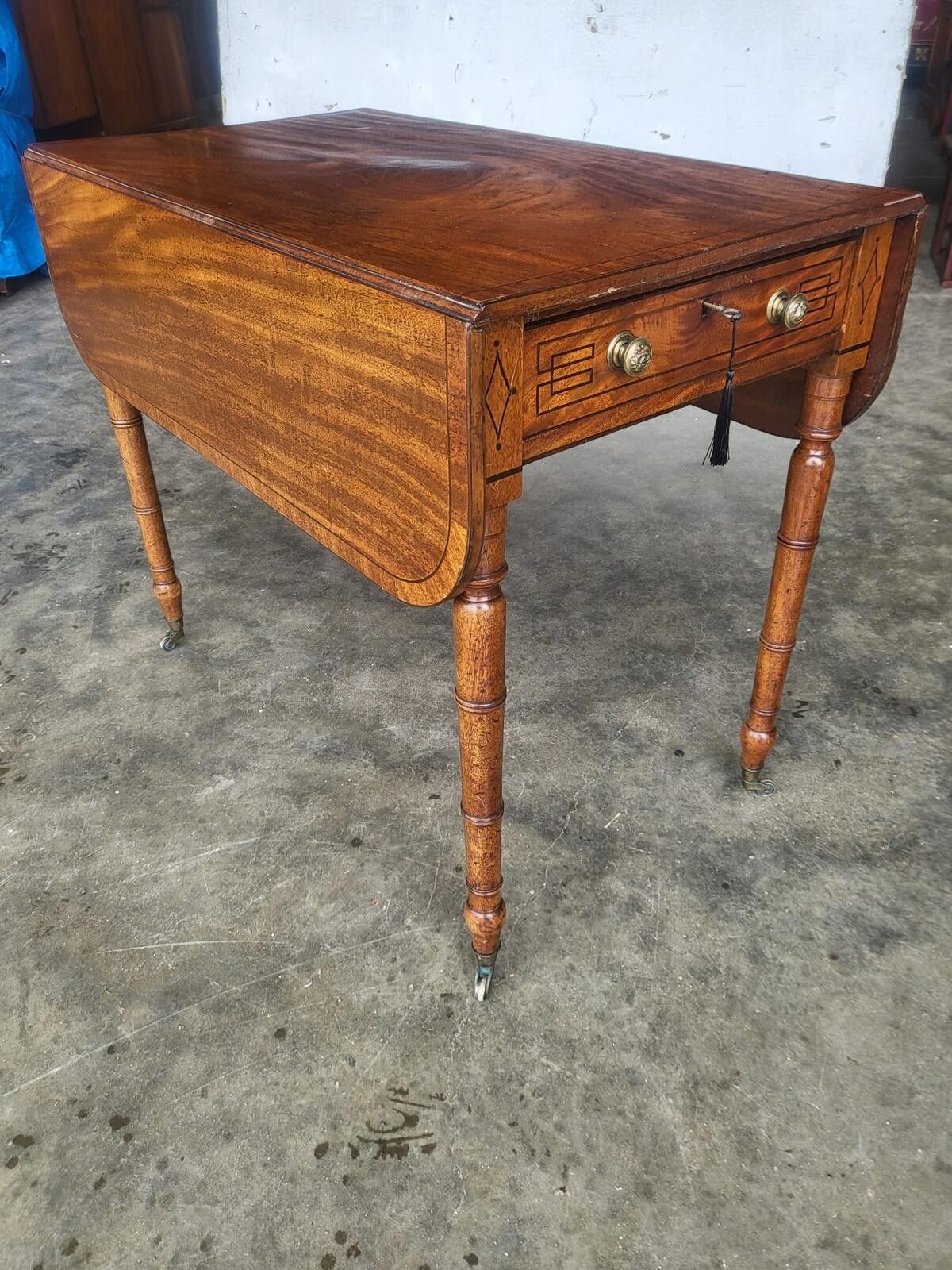 Antique Regency Inlaid Pembroke Drop Leaf Dining Occasional Table Drawer photo furniture