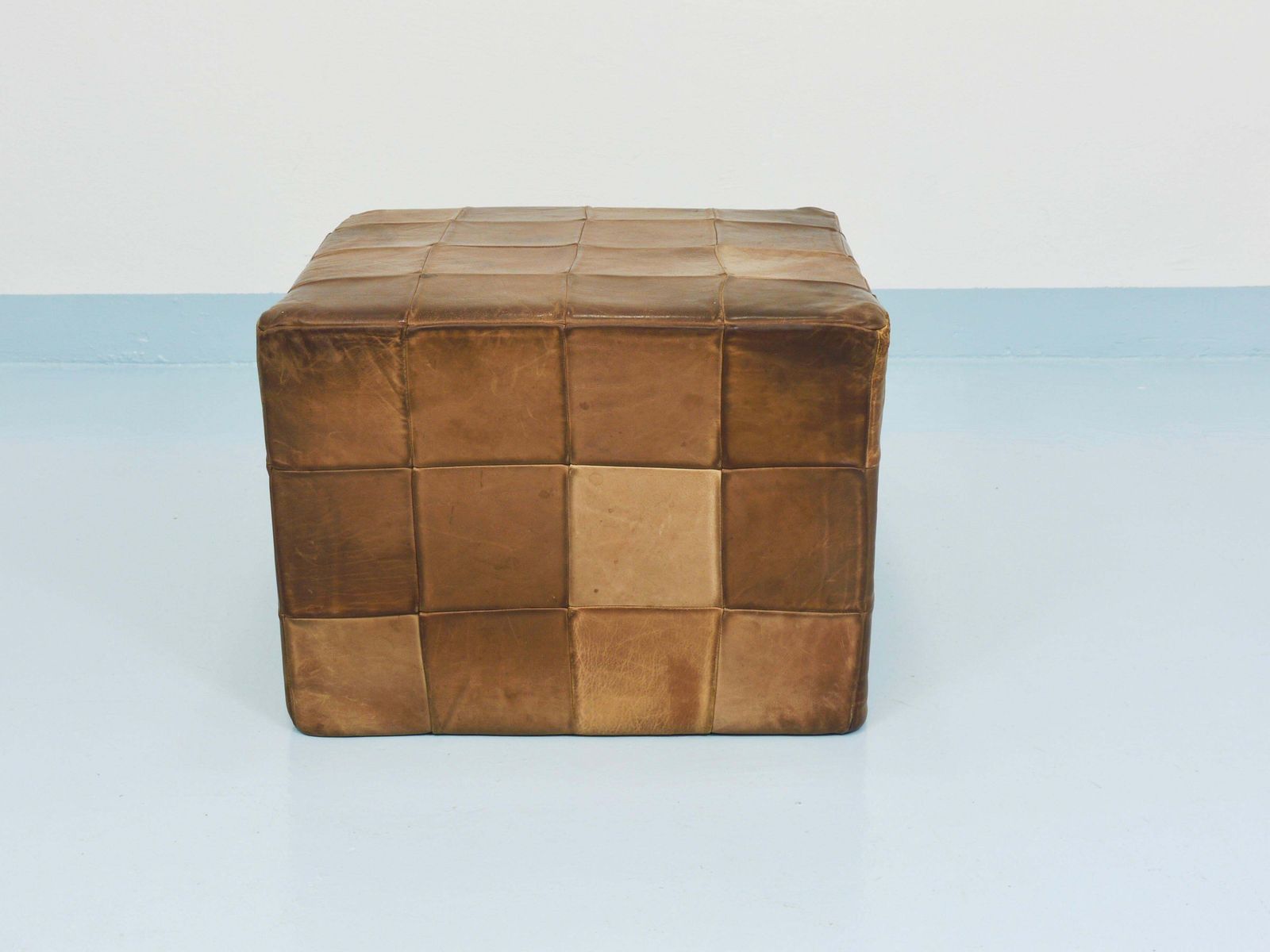 photo buy De Sede Patchwork Leather Cube Stool, Pouf, Ottoman, Switzerland, 1970s