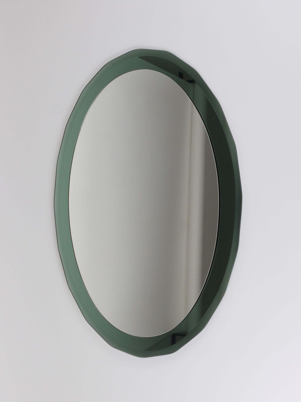 Cristal Arte Oval Green Grey Mid Century Scalloped Wall Mirror, Italy, 1960s photo furniture