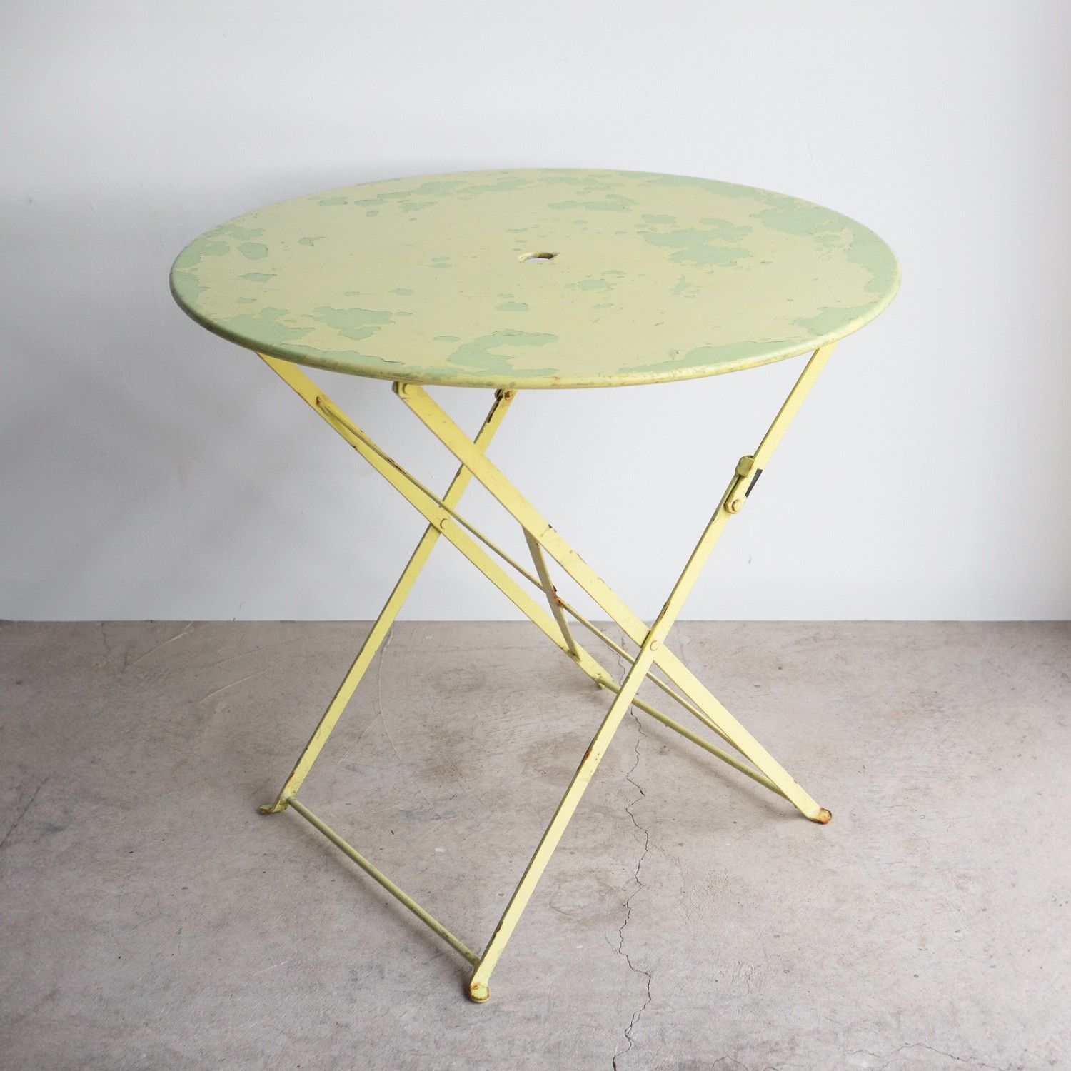 Vintage French Lemon And Lime Painted Iron Circular Bistro Table, C. 1950s