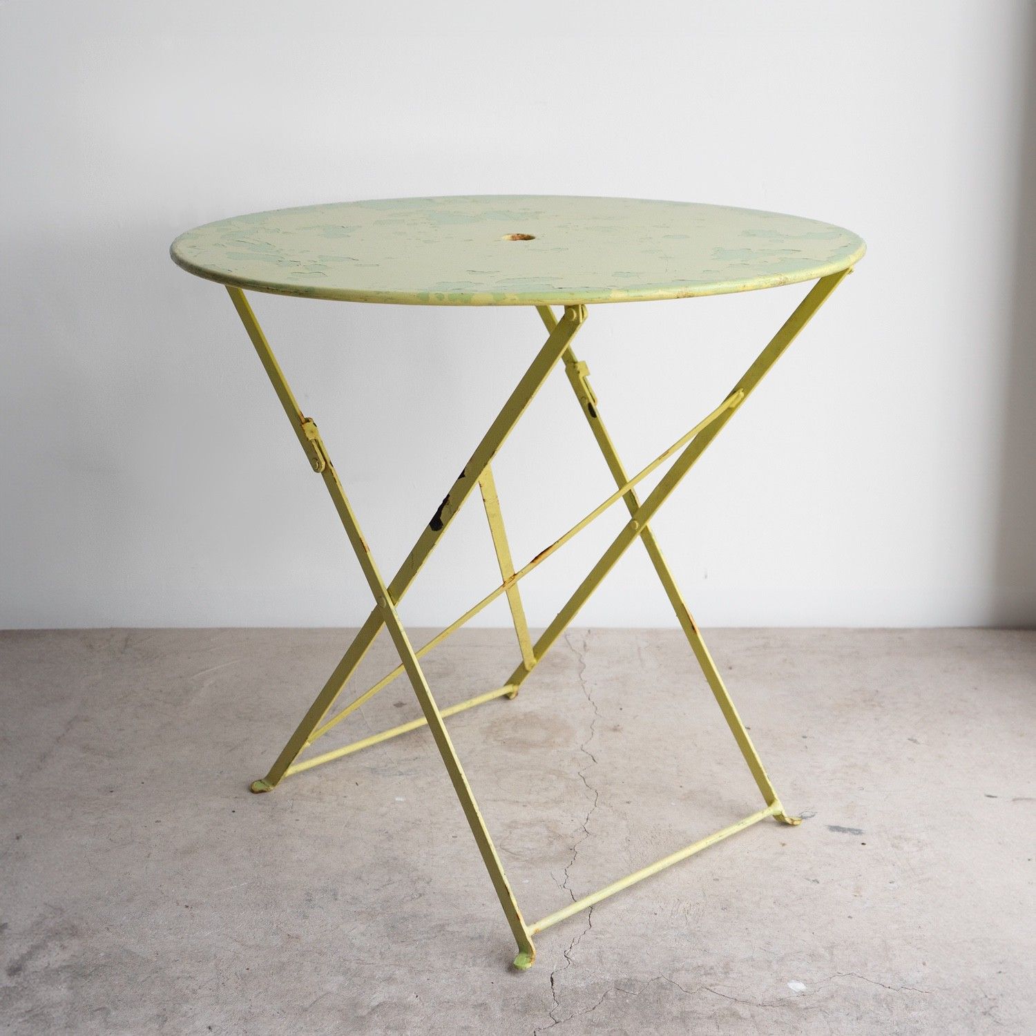Vintage French Lemon And Lime Painted Iron Circular Bistro Table, C. 1950s photo vinterior