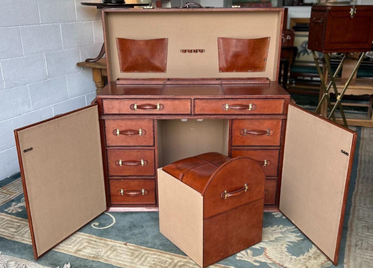 Antique Style Leather Campaign Furniture Desk Or Dressing Table & Stool