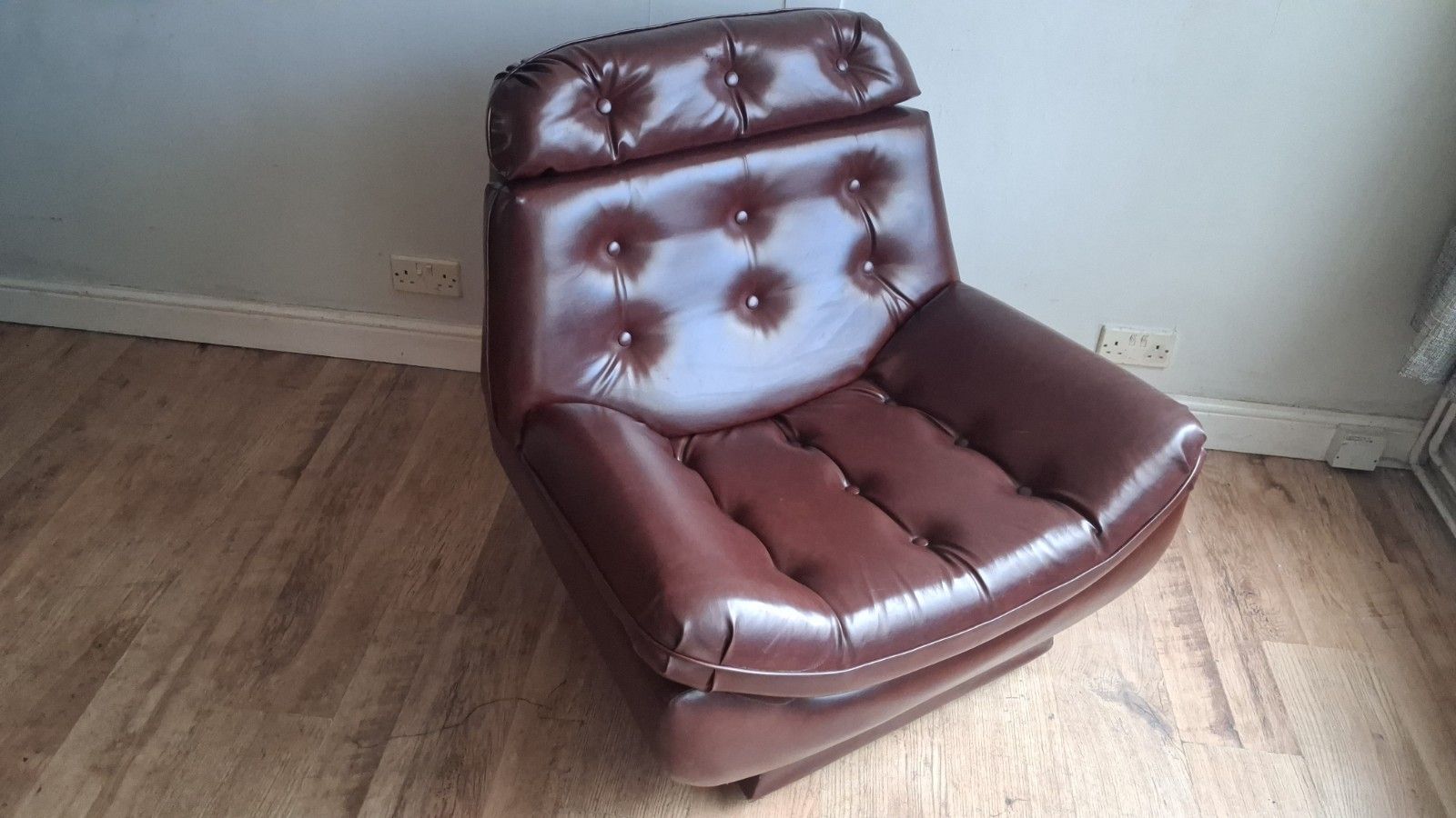 190.0 Delightful 1960's Style Buttoned Back Vinyl Low Profile Mid Century Armchair photo