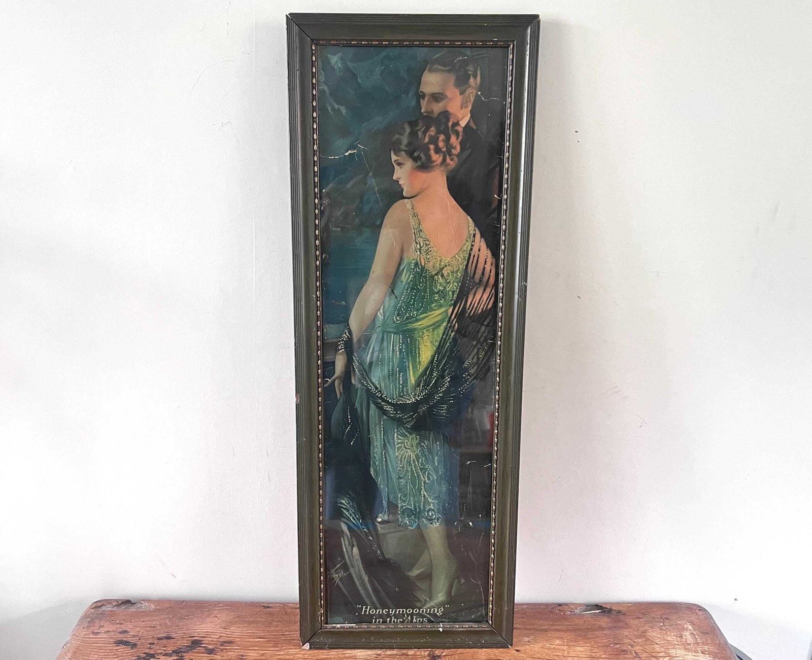 Antique 1926 Gene Pressler Yard Long Print "Honeymooning In The Alps", Original Art Deco Flapper Pompeian Beauty Panel, Authentic Frame