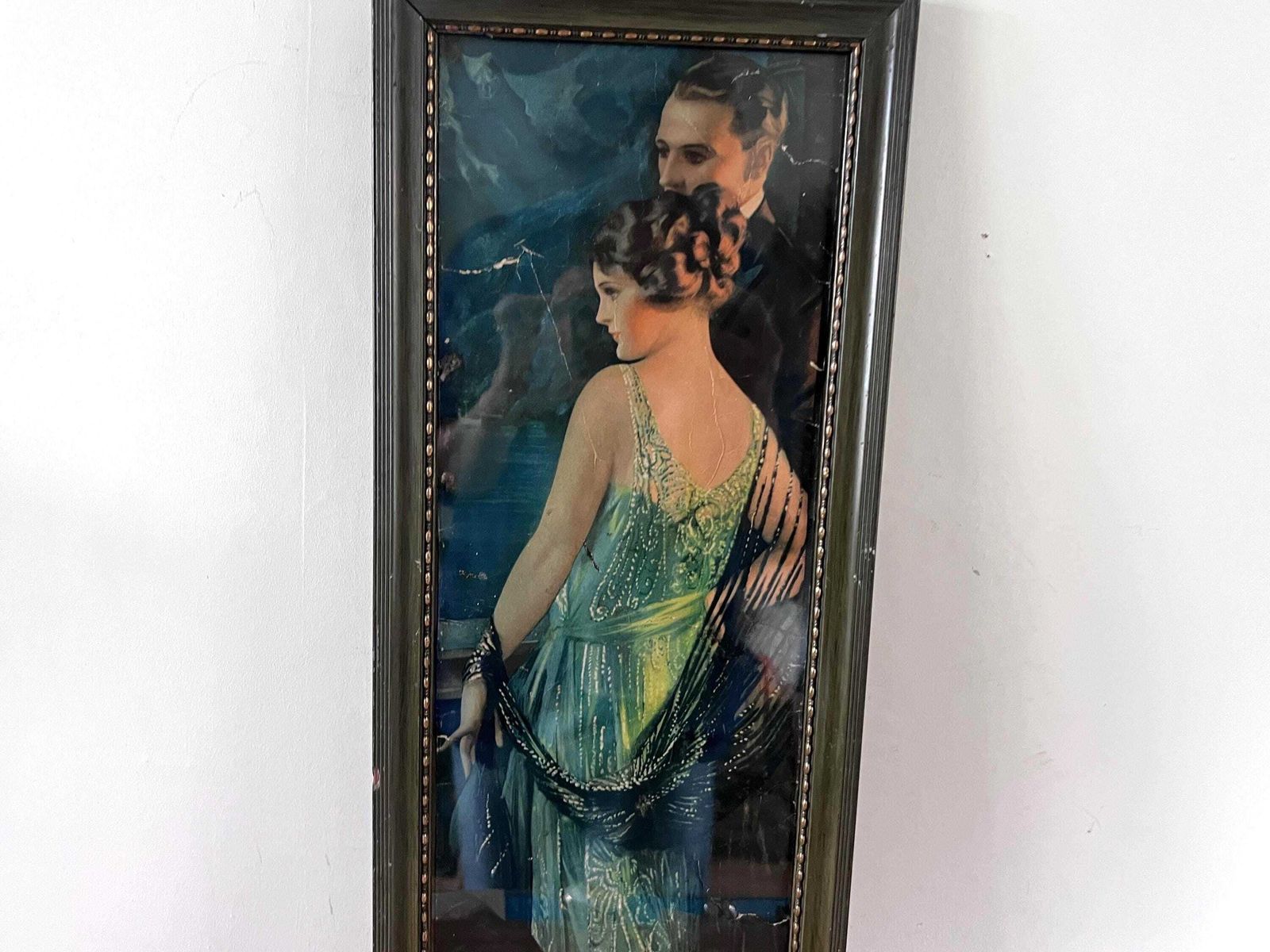 Antique 1926 Gene Pressler Yard Long Print "Honeymooning In The Alps", Original Art Deco Flapper Pompeian Beauty Panel, Authentic Frame photo for sale