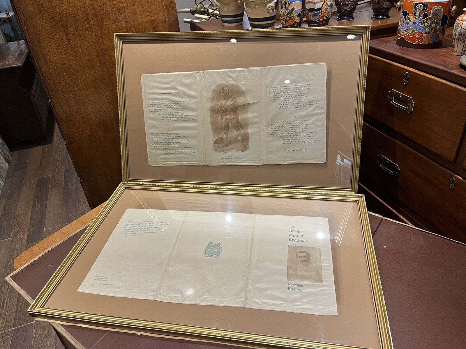 Home Decor 2 Original Framed Silk Souvenir From Garrick Theatre, Rudyard Kipling 1899. photo