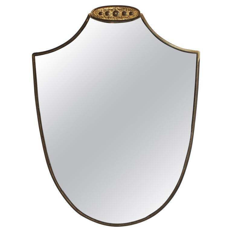 Mid Century Italian Wall Mirror With Beaded Brass Frame And Hammered Decoration (Circa 1950s)