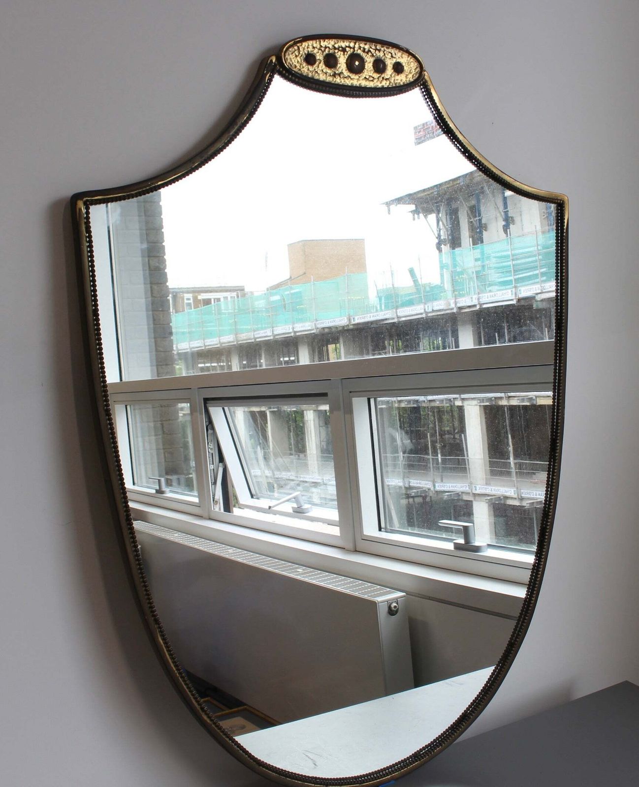 Mid Century Italian Wall Mirror With Beaded Brass Frame And Hammered Decoration (Circa 1950s) photo furniture