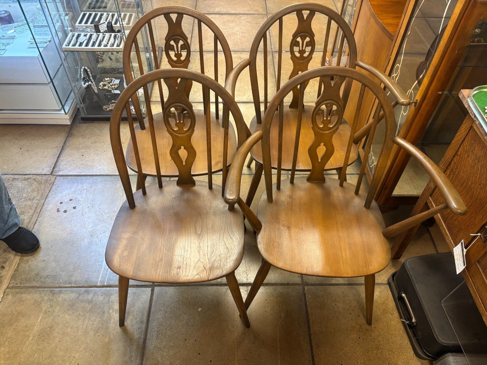 Four Mid Century Ercol Dining Chairs Two Carvers photo for sale