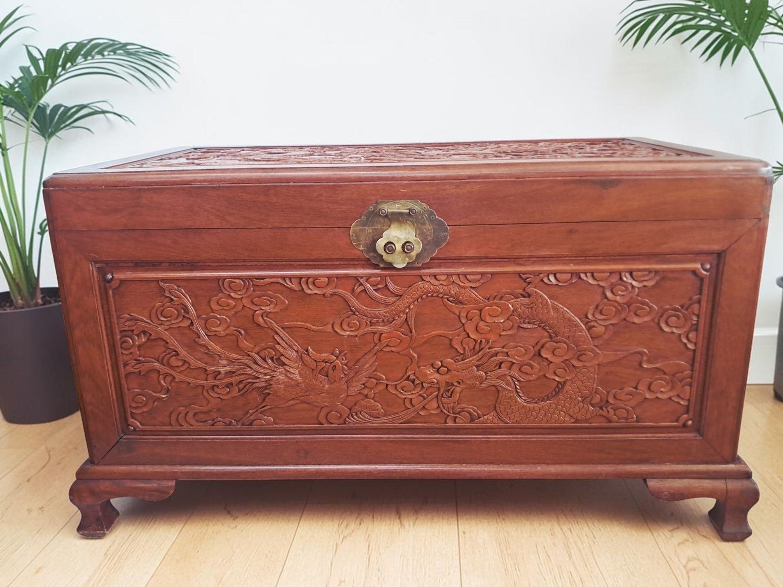 Large Oriental Camphor Wood Trunk Dragon Phoenix Carved Blanket Chest Coffee Tab photo furniture