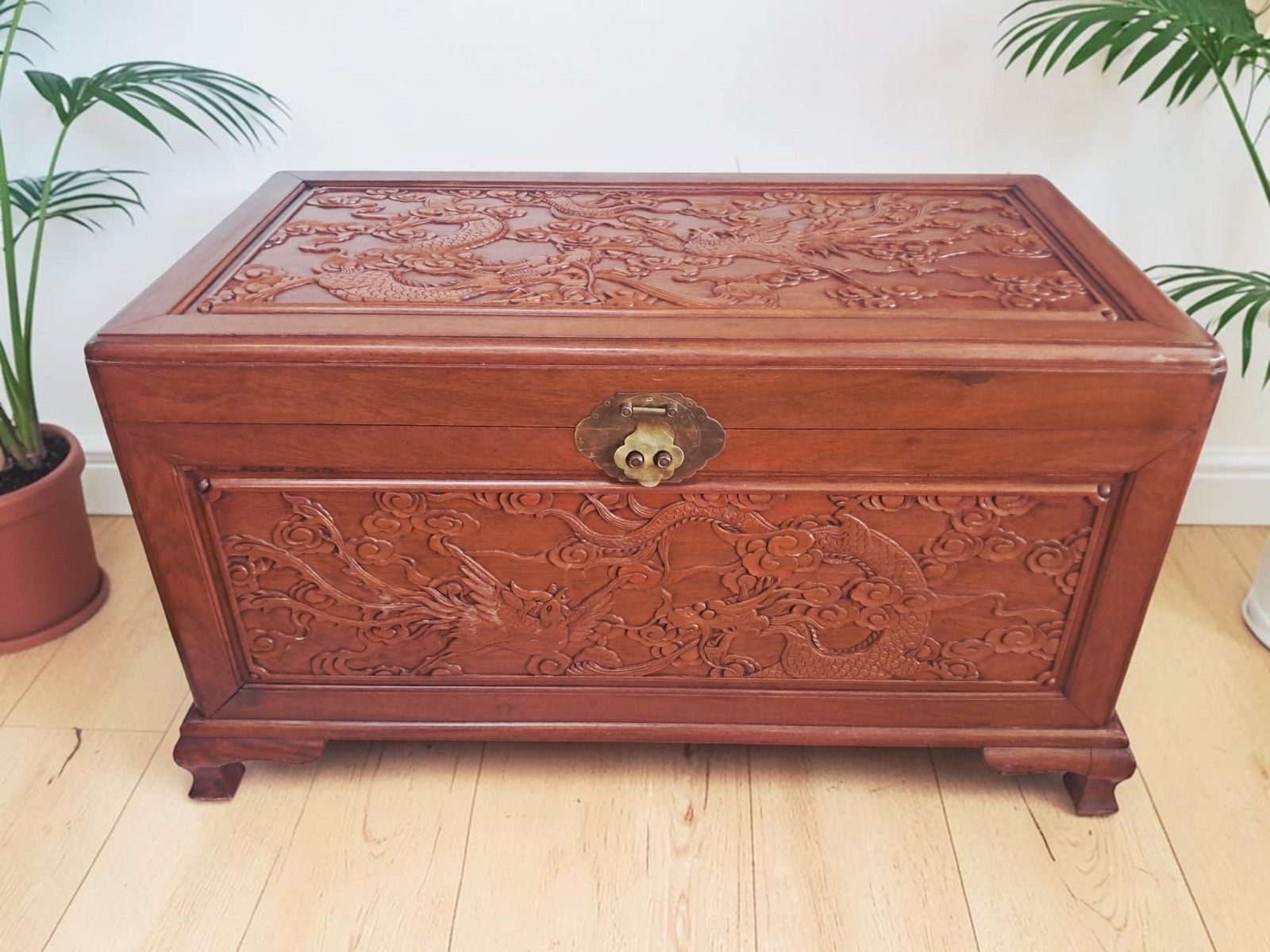 Large Oriental Camphor Wood Trunk Dragon Phoenix Carved Blanket Chest Coffee Tab photo for sale