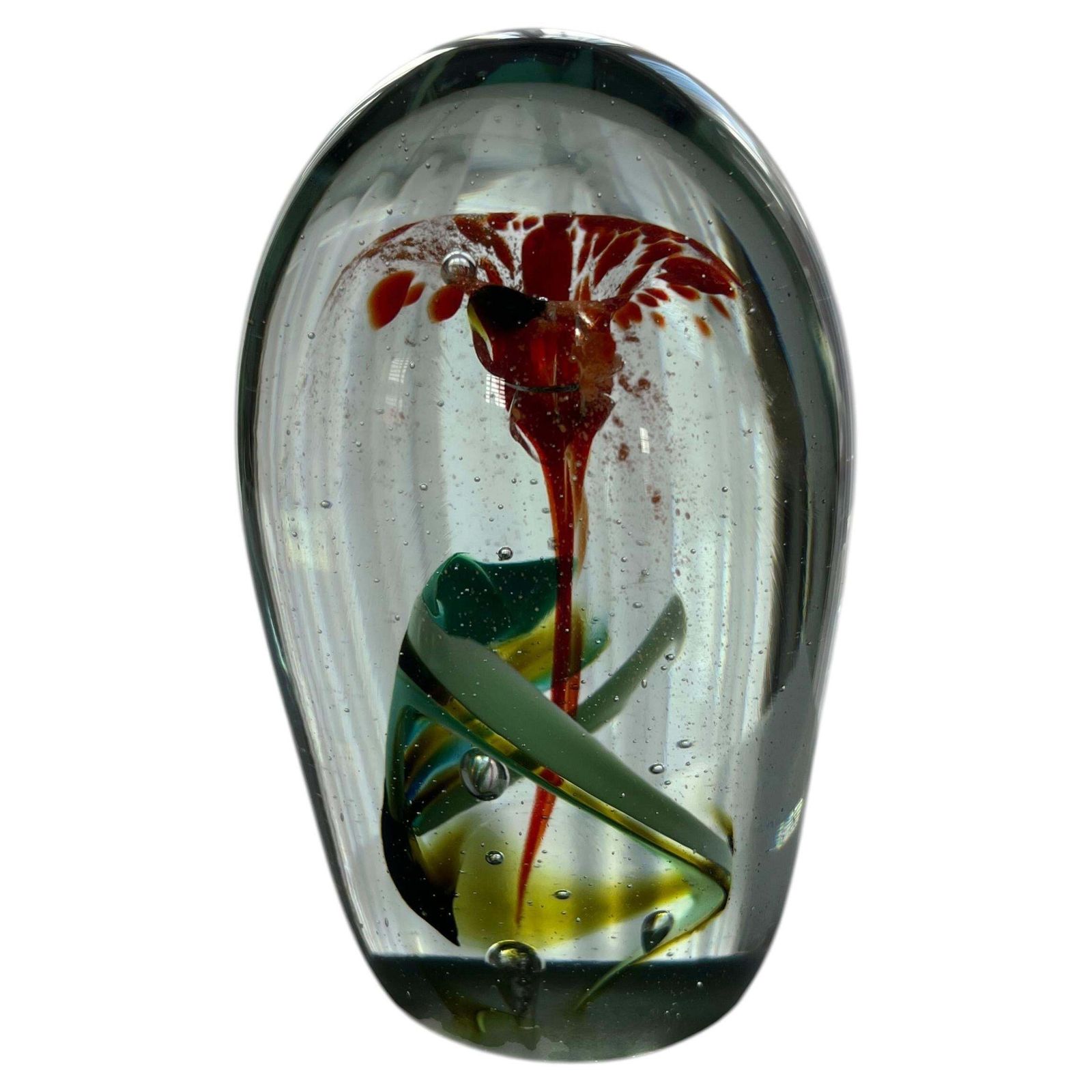1960s Hand Blown Glass Paperweight With Flower And Leaf Design photo furniture