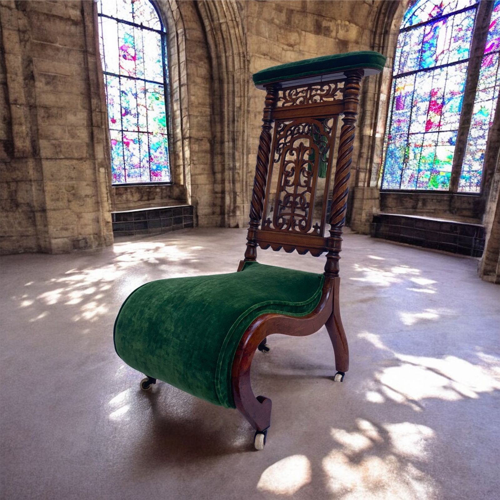 Victorian Walnut Prie Dieu Chair, Circa 1870, With Green Velvet Upholstery And Silk Green Tassels Fully Restored