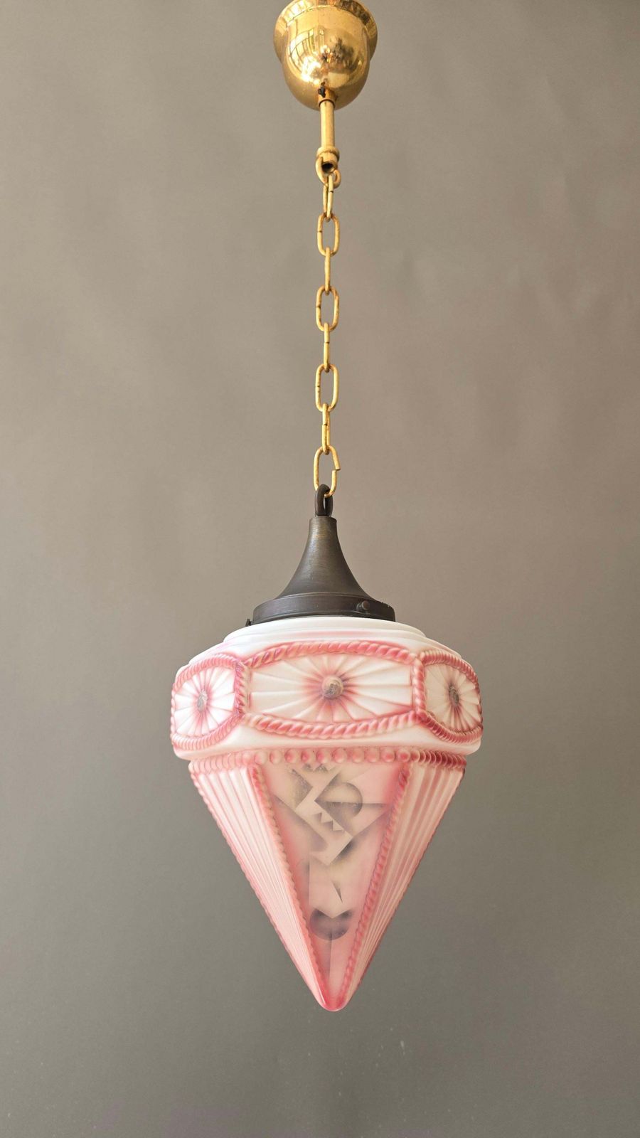 French Art Deco Style Pink Frosted Glass Pendant Lantern, Circa 1930 photo Lighting